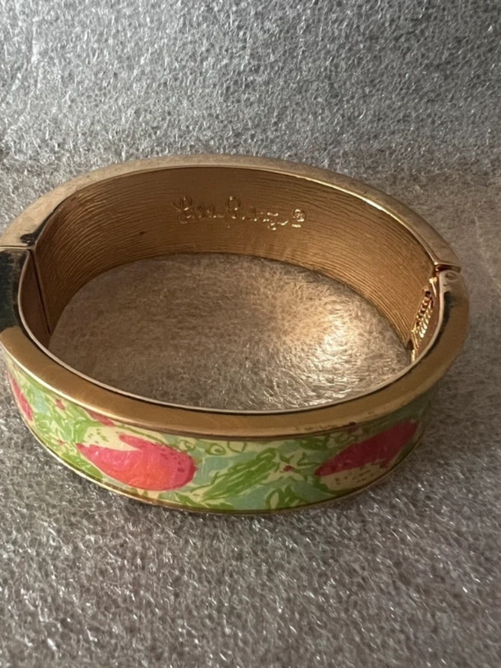 Lilly Pulitzer Hinged Bangle Bracelet Gold Tone Enamel Floral Pink Green